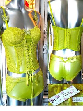 Betsey Johnson Corset Top Bustier Panties Lingerie Green Lace Mesh Butterfly XL